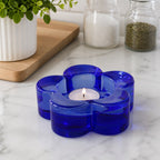 Blue Glass Candle Holder | Flower Shape Design | Home Decor