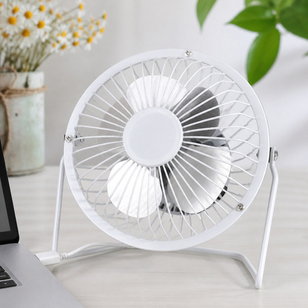 White Mini USB Desk Fan | 4 Aluminum Blades | 180° Swivel