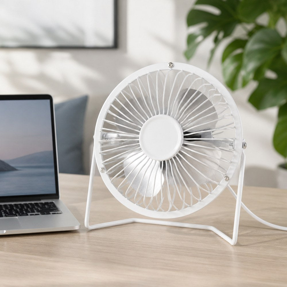 White Mini USB Desk Fan | 4 Aluminum Blades | 180° Swivel
