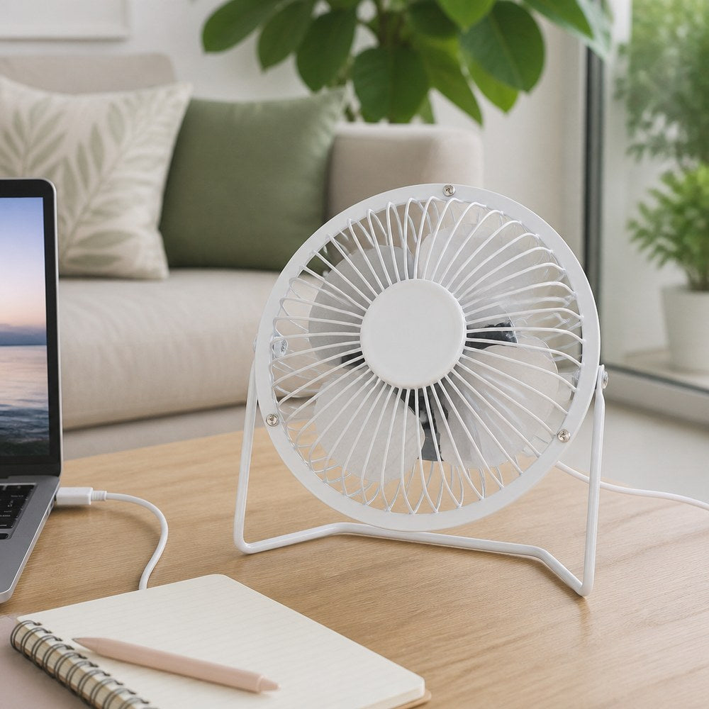 White Mini USB Desk Fan | 4 Aluminum Blades | 180° Swivel